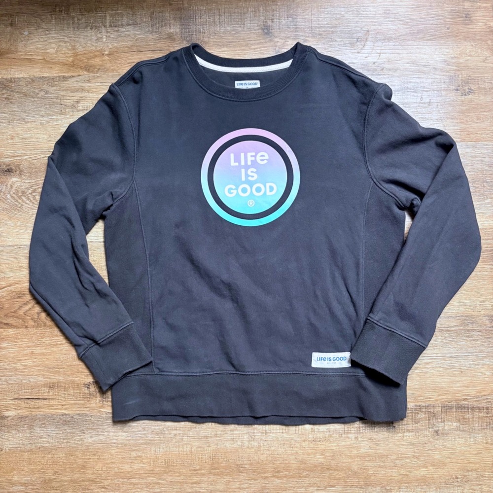 Life is Good Womens Crewneck Sweatshirt Gray Pastel Gradient Logo Size M
